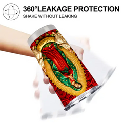 Personalized Our Lady of Guadalupe Thermos Cup – Custom Name Virgin Mary & Guardian Angels with Red Roses – Gift For Catholics