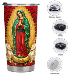 Personalized Our Lady of Guadalupe Thermos Cup – Custom Name Virgin Mary & Guardian Angels with Red Roses – Gift For Catholics