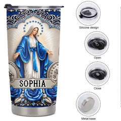 Personalized Miraculous Virgin Mary Thermos Cup – Custom Name Blue Rose & Miraculous Medal Catholic Thermos Cup – Gift For Catholics