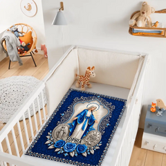 Personalized Miraculous Virgin Mary Blanket – Custom Name Blue Rose & Miraculous Medal Catholic Blanket – Gift For Catholics