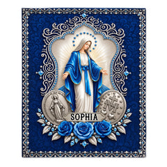 Personalized Miraculous Virgin Mary Blanket – Custom Name Blue Rose & Miraculous Medal Catholic Blanket – Gift For Catholics